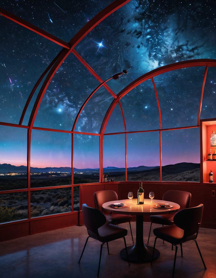 A cozy, retro space-themed motel with glowing neon signs, surrounded by a starlit sky filled with vibrant constellations. A table set for wine tasting with elegant glasses and a bottle of red wine, all placed under a large dome showcasing a breathtaking view of the cosmos. Ethereal lighting creates a whimsical atmosphere, seamlessly blending the beauty of nature with modern design. surreal art style. vibrant colors. night sky backdrop.