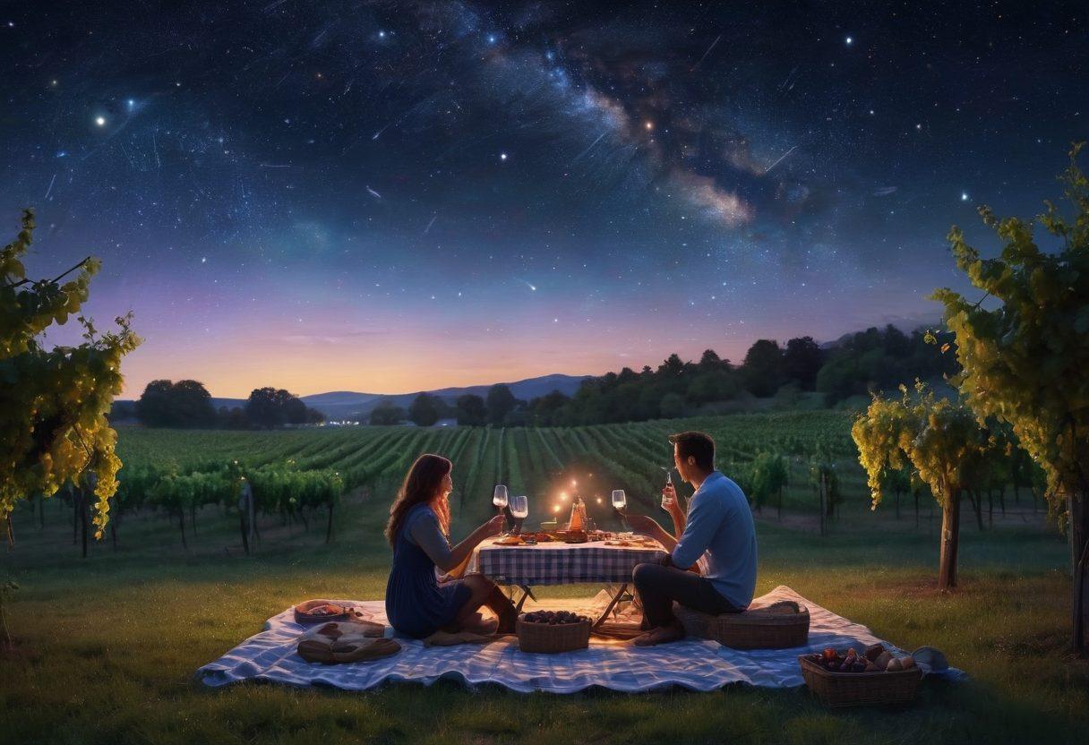 A serene night scene featuring a couple enjoying a wine picnic under a starlit sky, with a telescope beside them pointing at celestial bodies. The vineyard in the background is softly illuminated, with grapes glistening in the moonlight. Constellations are visible overhead, creating a magical atmosphere. Add whimsical touches of glowing fireflies around the picnic. super-realistic. vibrant colors. dreamy atmosphere.