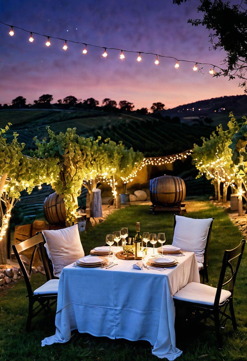 A serene vineyard at twilight with twinkling stars overhead, elegantly set picnic tables adorned with fine wine glasses and gourmet cheese platters. Cozy blankets draped over chairs, glowing fairy lights casting a warm ambiance, and lush grapevines surrounding the scene. A couple enjoying a romantic moment, with a backdrop of rolling hills and a lavish wine barrel. super-realistic. vibrant colors. peaceful atmosphere.